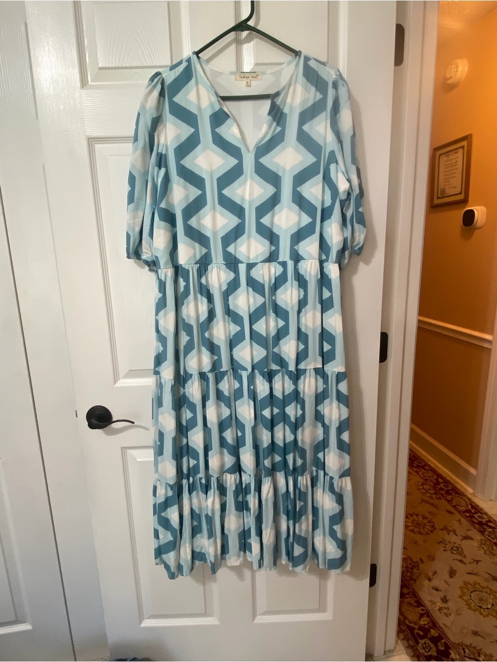 indigo soul Blue and White Geometric Tiered Midi Dress
